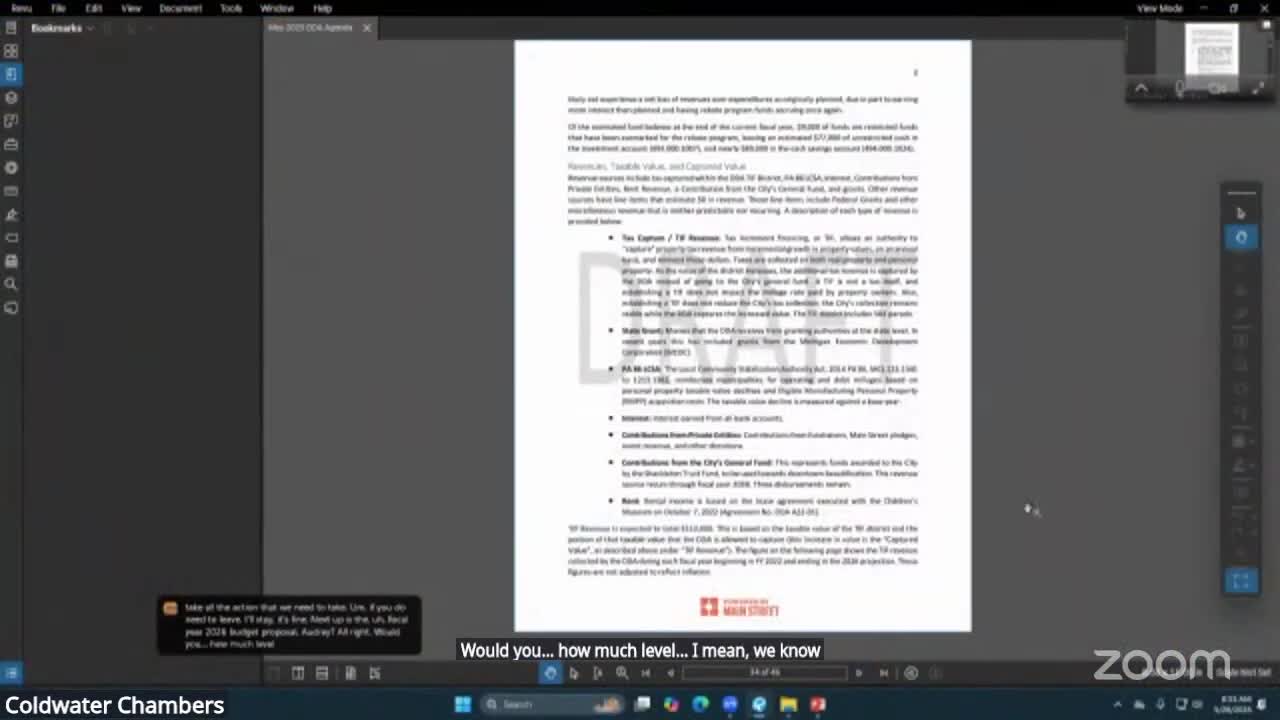 DDA previews FY2026 budget changes, proposes discretionary $1,500 fund and explains $350,000 museum loan amortization; board defers formal approval