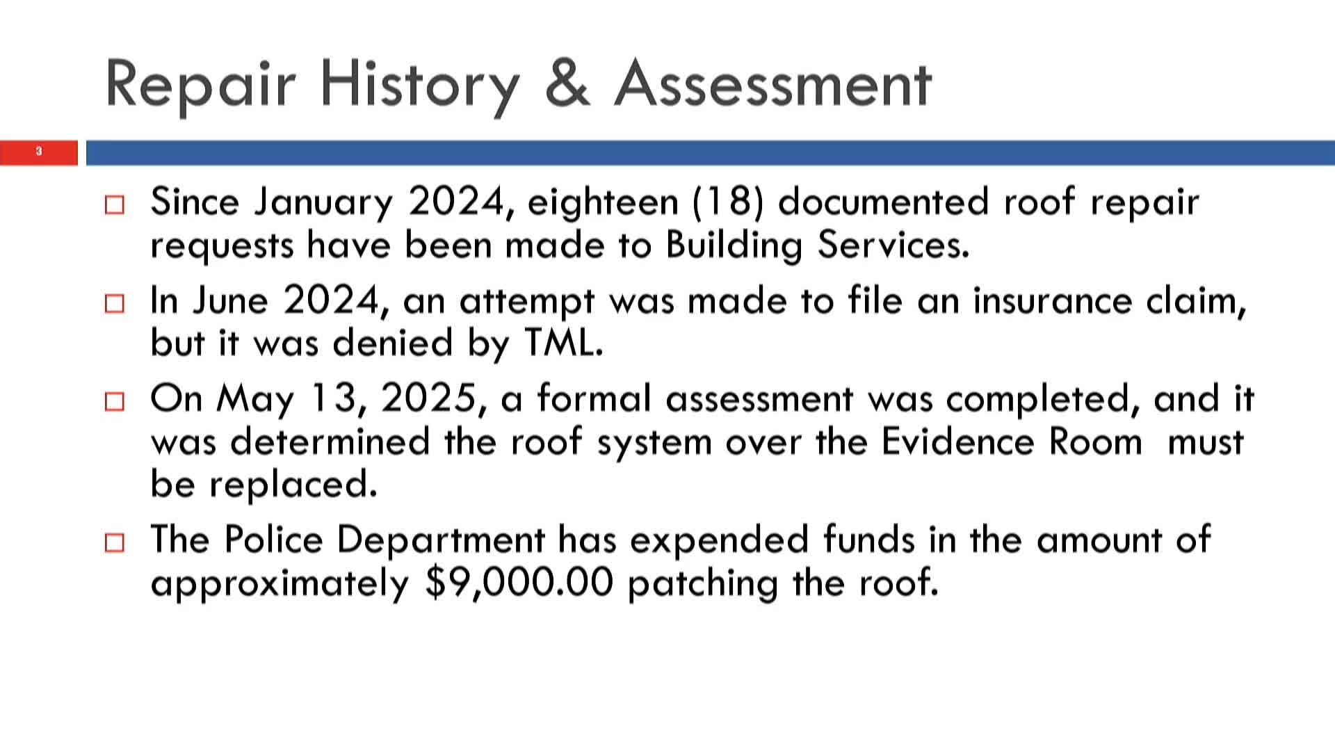 Council approves emergency roof repairs at Killeen Police headquarters totaling $265,255