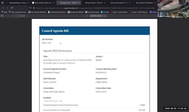 City staff recommends Accord Contractors for Riverwalk spur construction; contract fits current appropriation