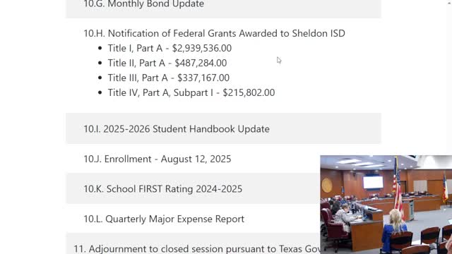 Sheldon ISD posts federal grant awards and routine financial reports; board enters closed session