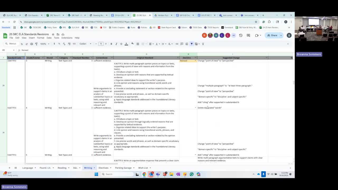 Tennessee Education Committee Reviews Terminology for Claims and Thesis in Writing Standards