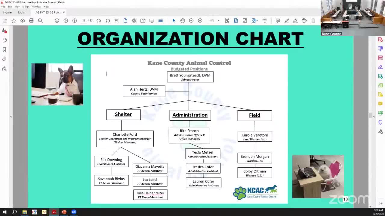 Kane County animal-control budget presentation highlights tag-fee timing, vehicle replacements and clinic dates
