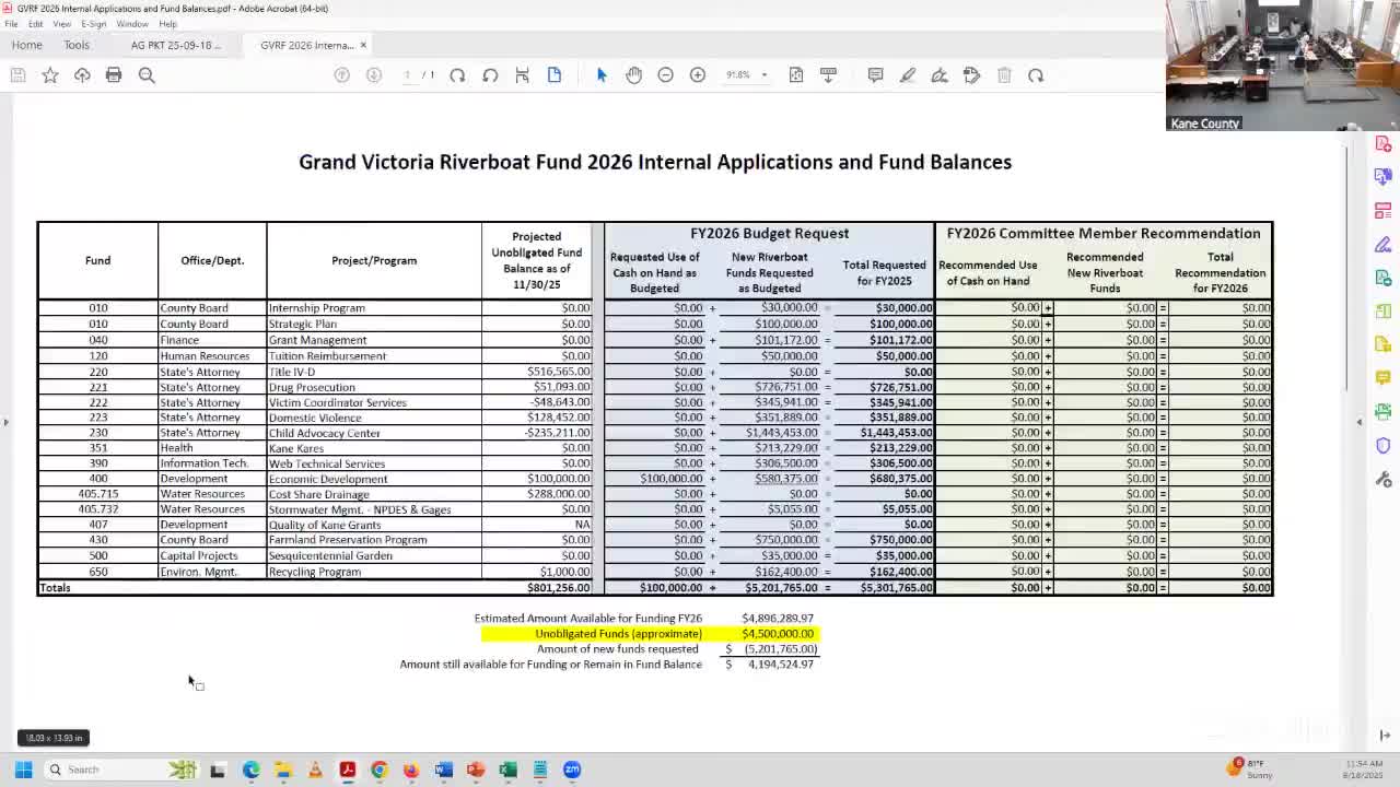 Kane County committee weighs funding all FY2026 riverboat internal grant requests, defers decision on external awards