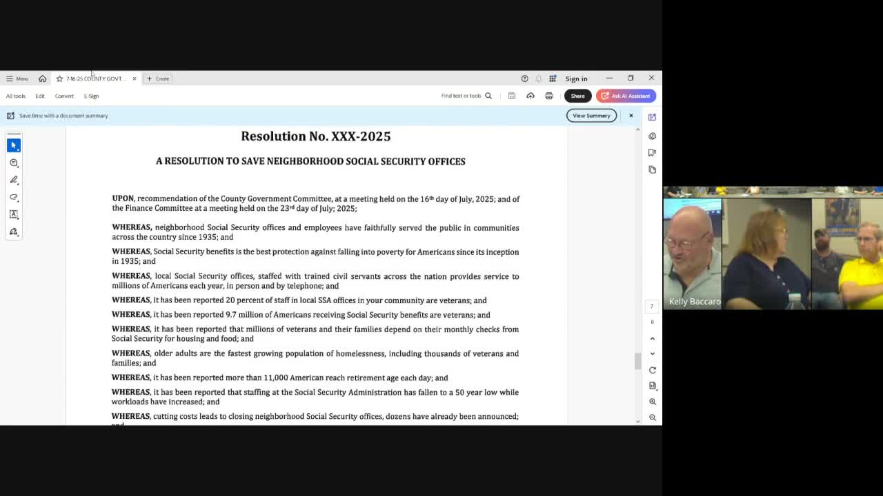 Committee considers resolution urging preservation of local Social Security offices; motion made, vote not recorded in transcript