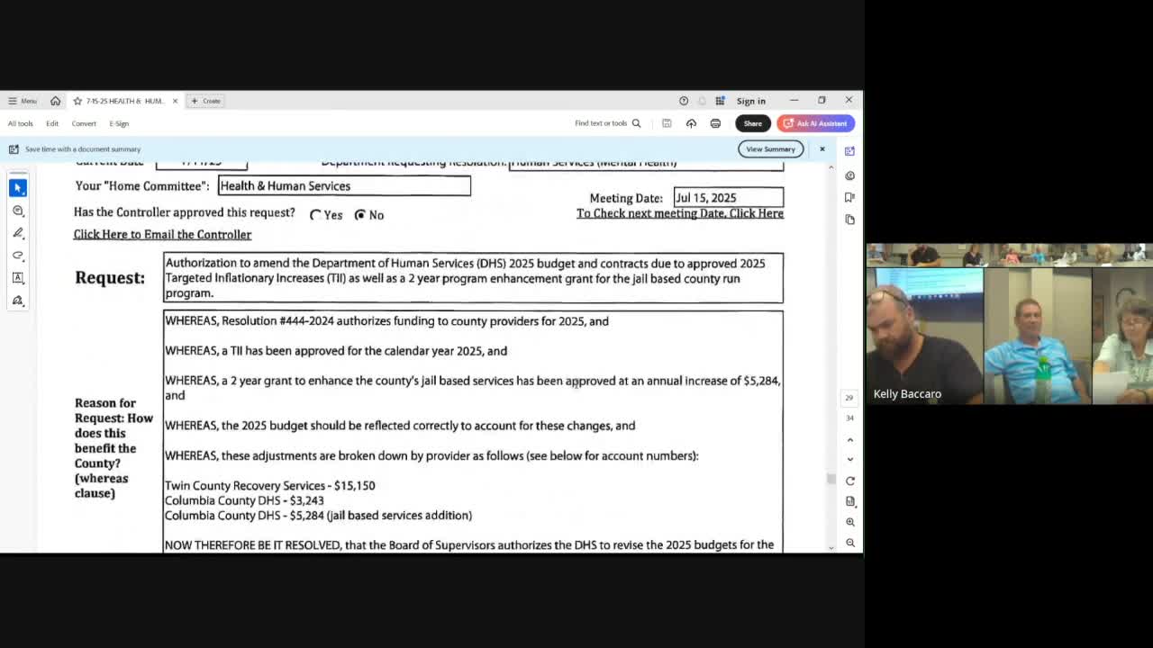 Human Services approves budget adjustments and staff contracts; plans trauma training and jail-based services expansion