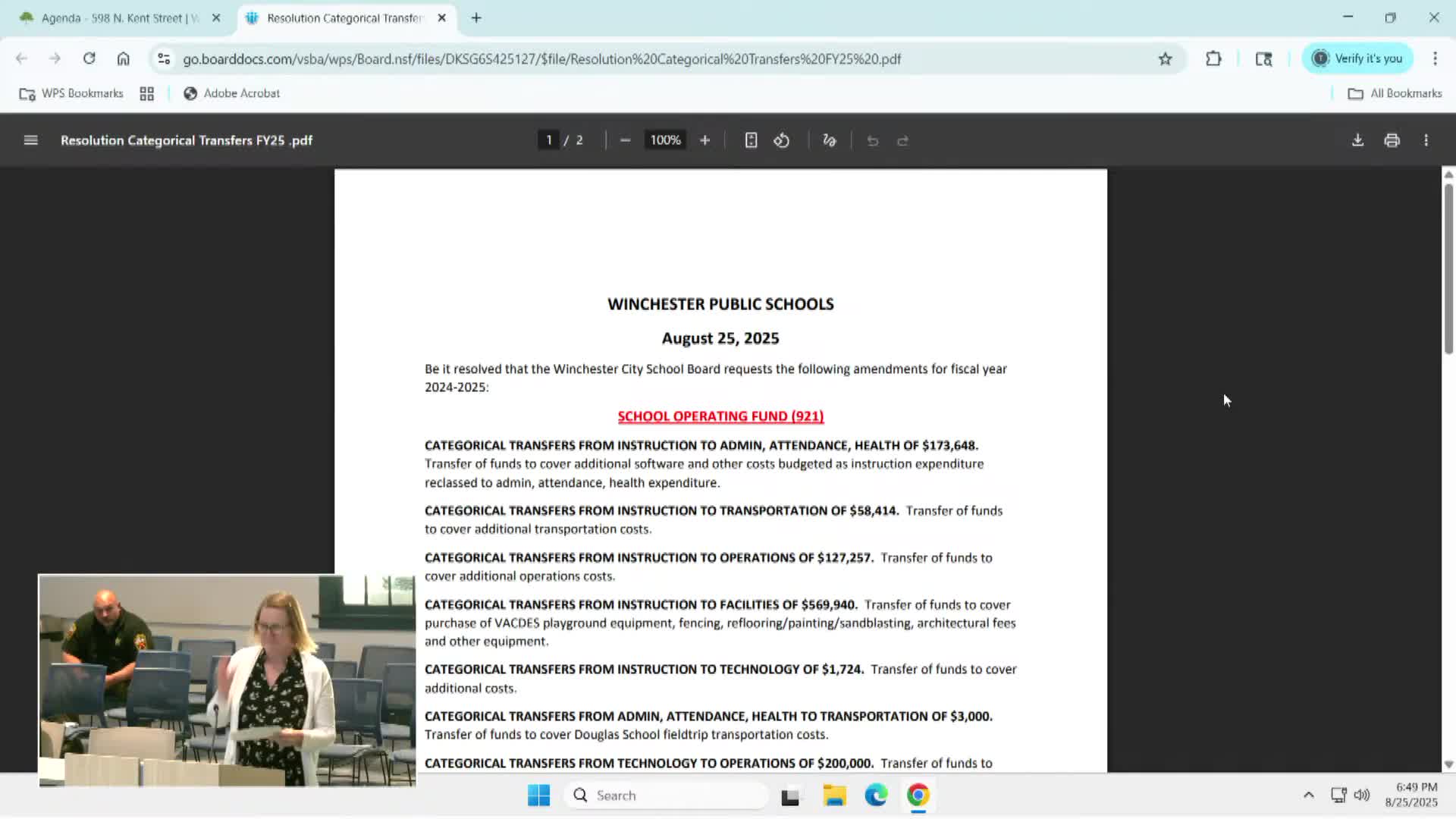 School board approves annual categorical transfers across operating, federal and construction funds