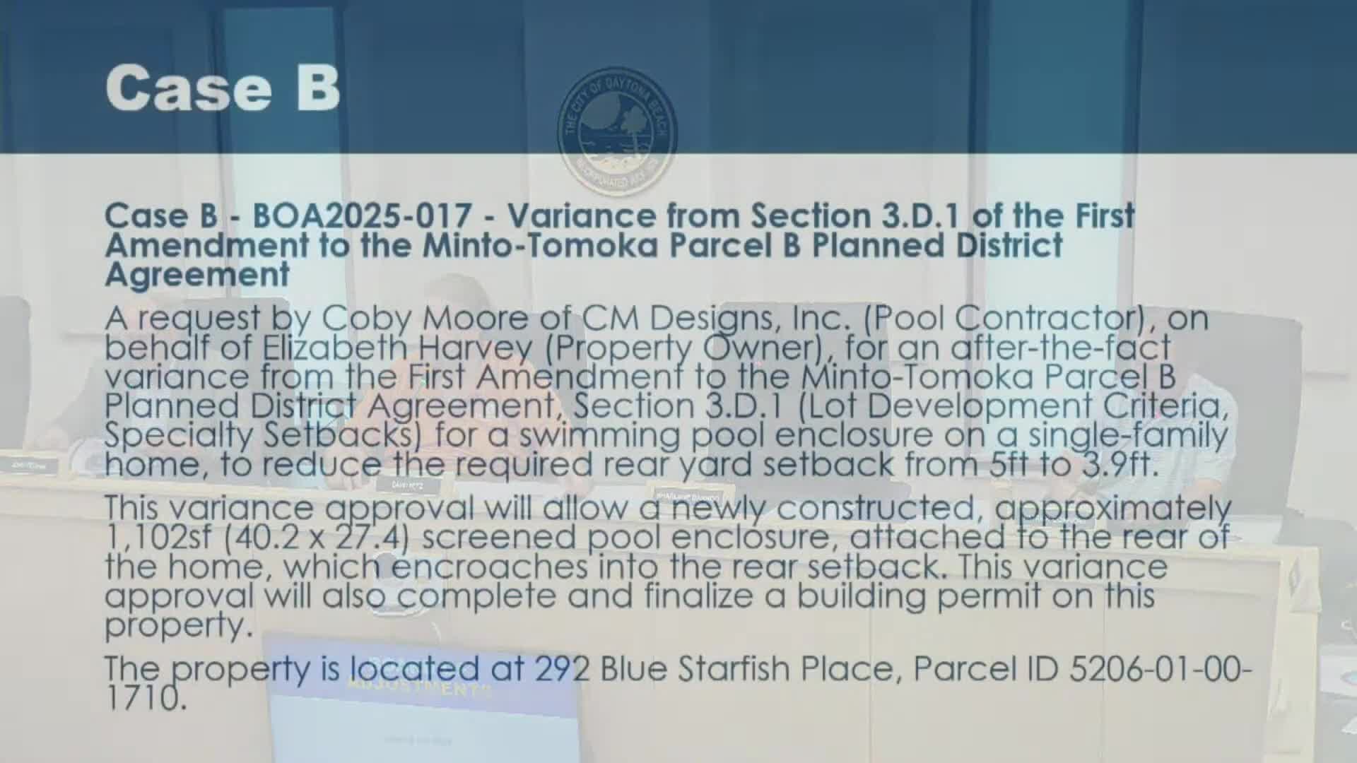 Board finalizes after-the-fact variance for Blue Starfish pool enclosure that encroached on setback