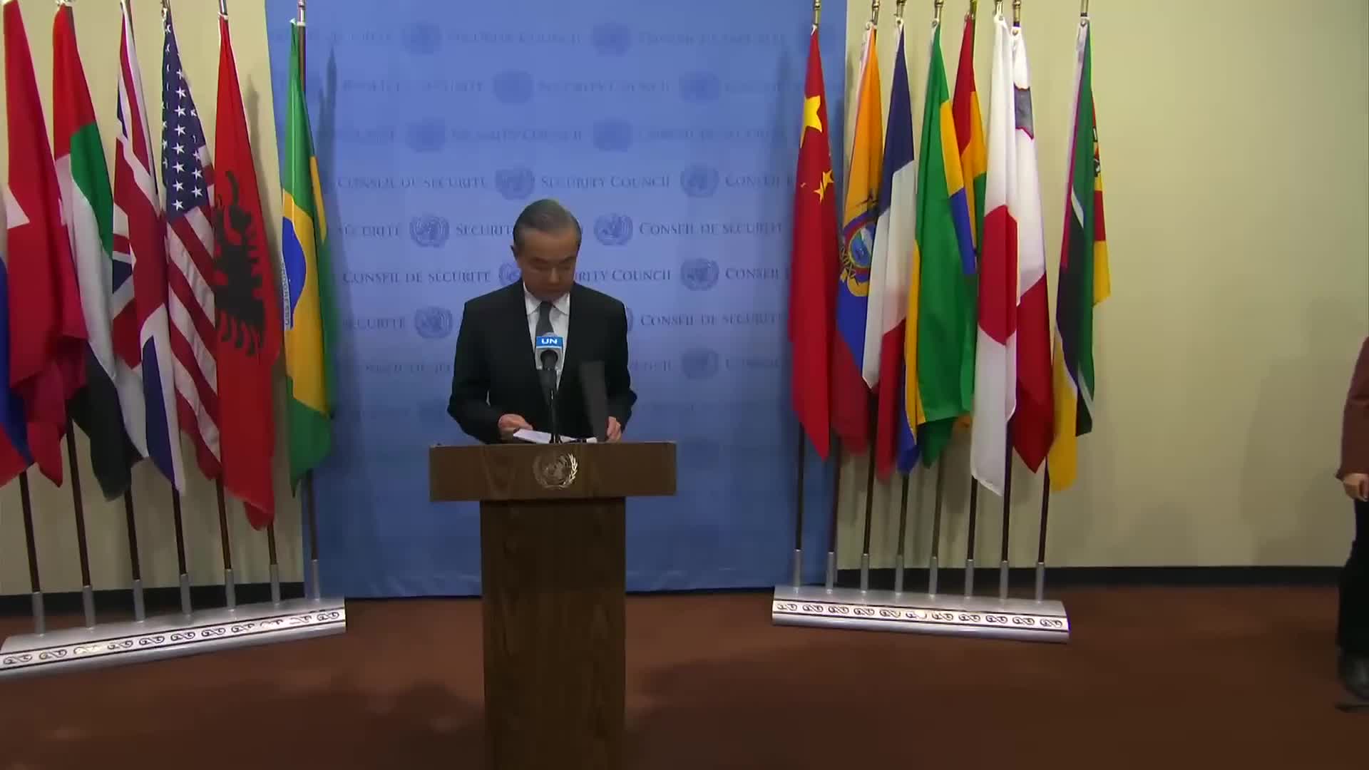 China's Wang Yi Discusses Humanitarian Aid and Two-State Solution at UN Security Council Meeting