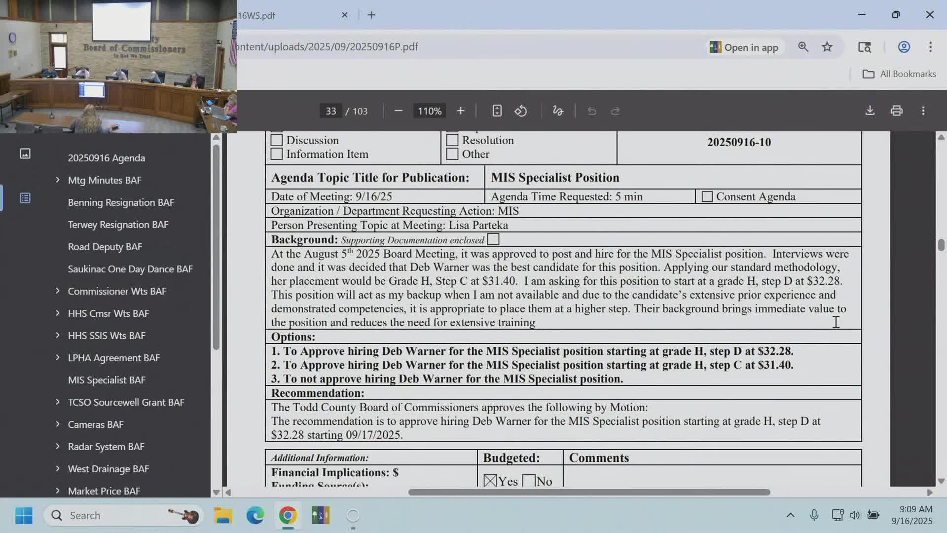 Todd County hires Deb Warner as MIS specialist at higher step after personnel recommendation