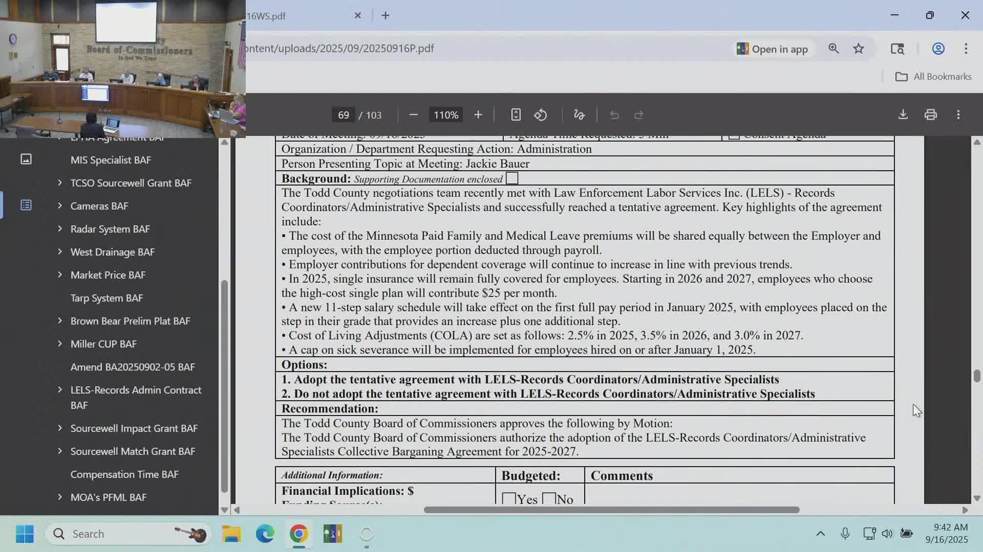 County adopts tentative union agreement and opts for MetLife as paid‑family‑medical‑leave vendor