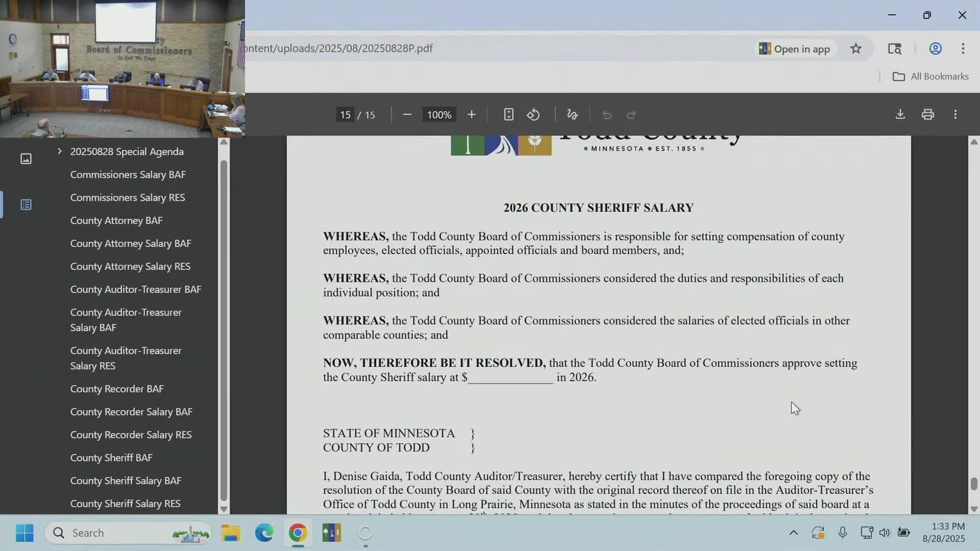 Todd County approves 3.5% raises for elected officials; per‑diem changes deferred