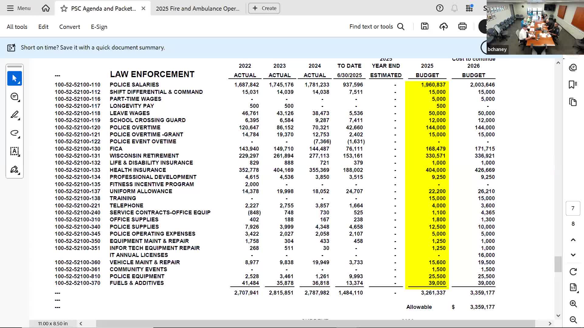 Committee reviews 2026 police and dispatch budget shifts, uniform and IT costs