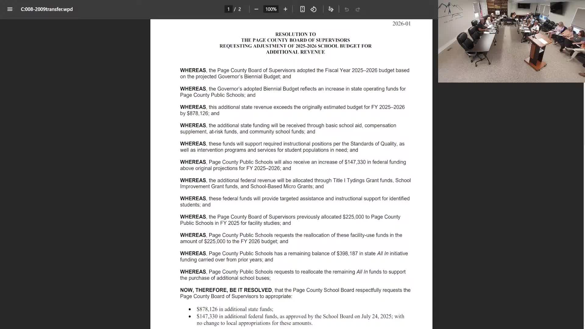 School board asks county supervisors to appropriate $1.13 million in added state and federal funds for FY26