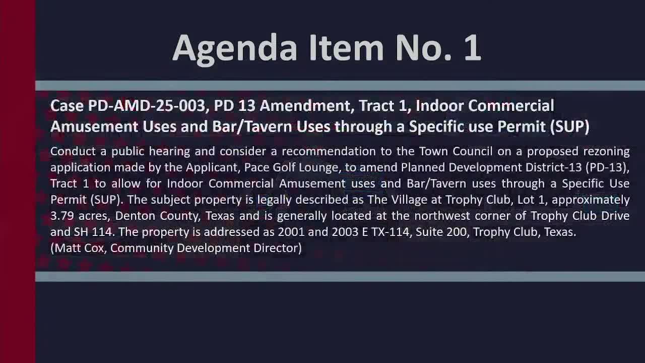 Trophy Club planners recommend PD‑13 amendment, special use permit for Pace Golf Lounge simulators and tavern
