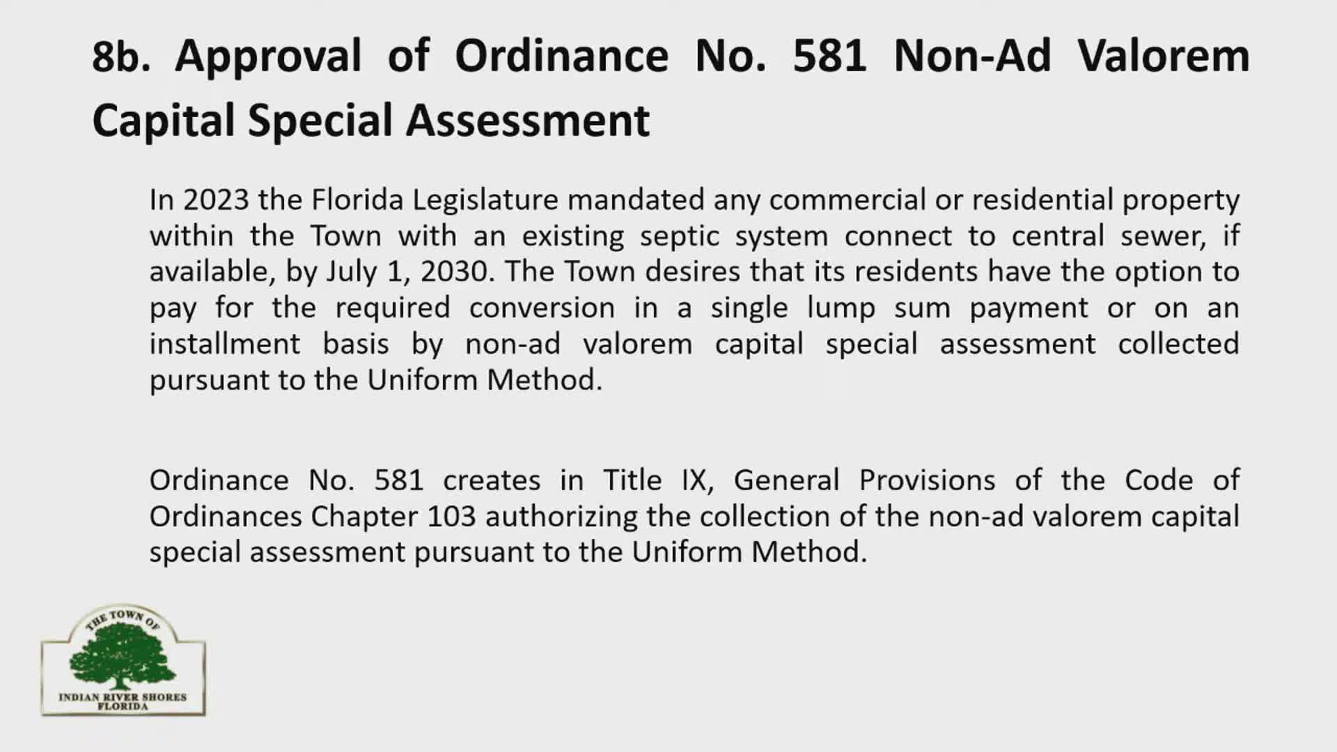 Council approves 10-year special-assessment option for septic-to-sewer connections