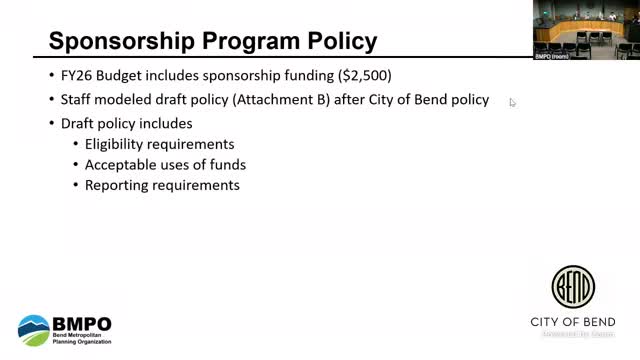 Bend MPO adopts sponsorship policy with edits; sets $500–$2,500 award range