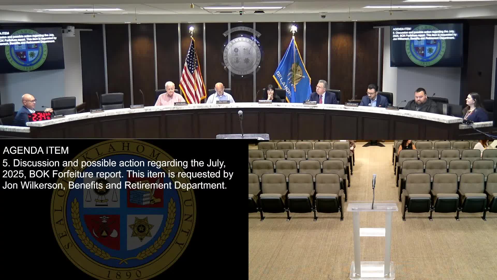 Forfeiture report presented showing July activity; board approves purchase of judgment against Oklahoma County Criminal Justice Authority