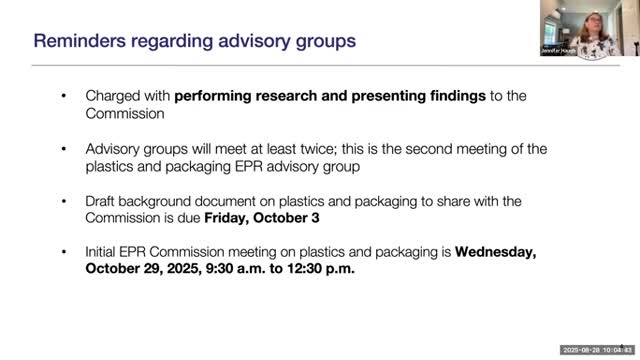 Advisory group reviews extended producer responsibility for plastics and packaging; background paper due to commission