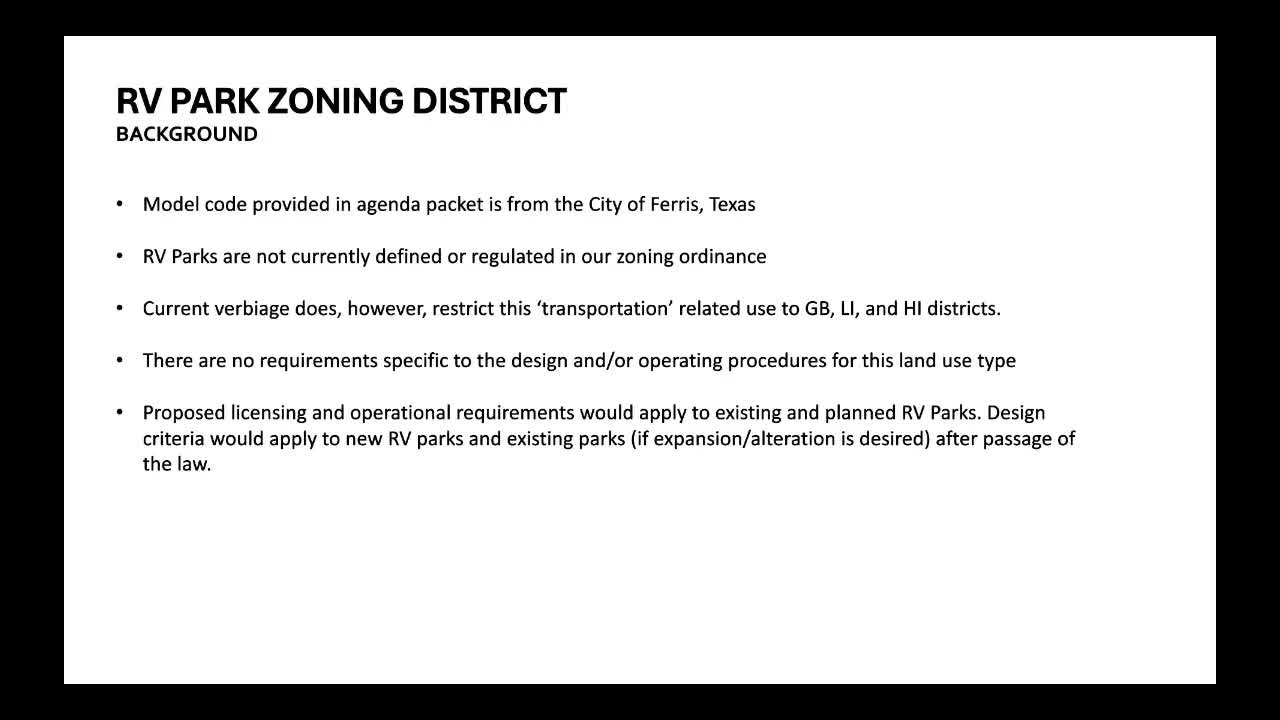 Council agrees to draft RV‑park design guidelines, plans small committee and outreach to operators