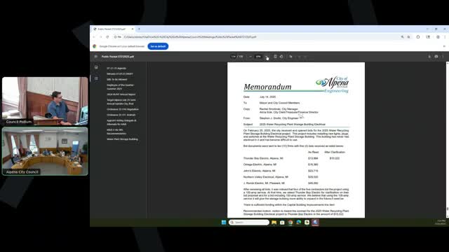 Council awards $15,022 contract to add electrical service at water recycling plant storage building