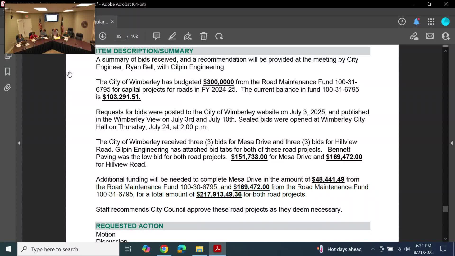 Council selects low bidder for 2025 roadway maintenance; approves Mesa Drive and Hillview overlay work