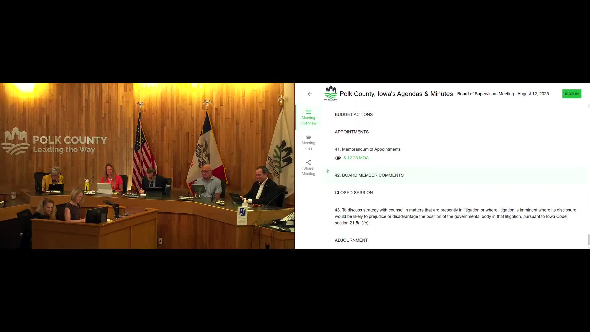 Board moves into closed session to discuss litigation strategy under Iowa Code