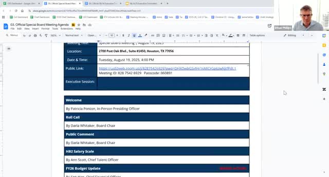 KIPP Texas schedules special Aug. 19 meeting to adopt policies tied to recent Texas legislation and adjust budget for House Bill 2 salary scale