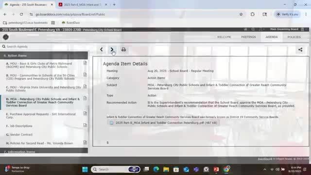 Board approves MOA with Greater Reach Community Services for infant‑toddler referrals under IDEA