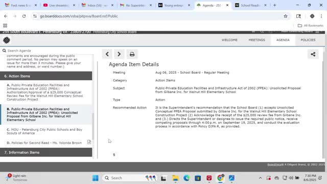 School board accepts unsolicited Gilbane PPEA proposal for Walnut Hill; approves $25,000 review fee