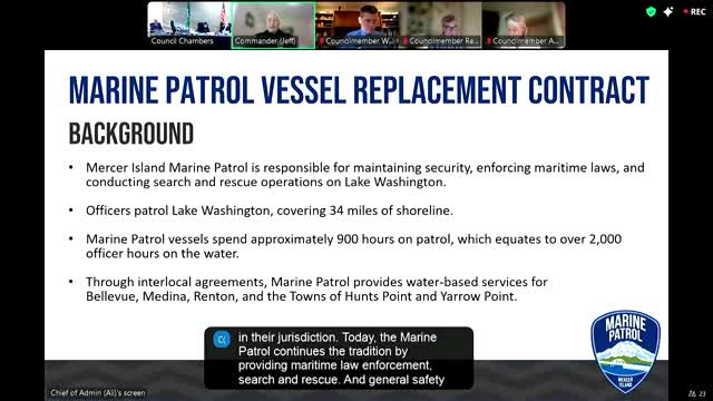 Council approves add‑on funding and contract authorization for replacement marine patrol vessel