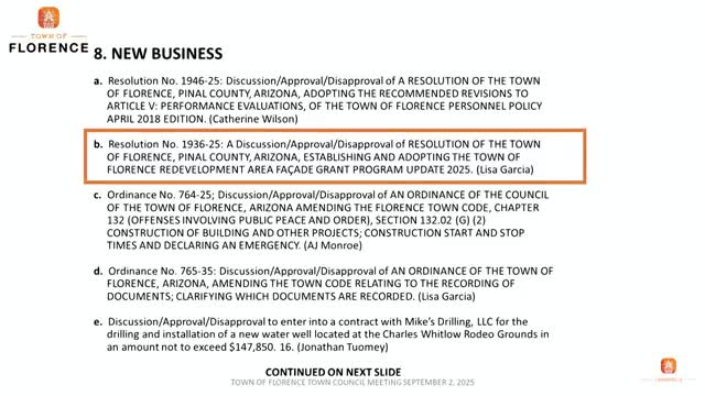 Florence moves facade grant program to town administration; council approves but requests clearer application and one-point contact