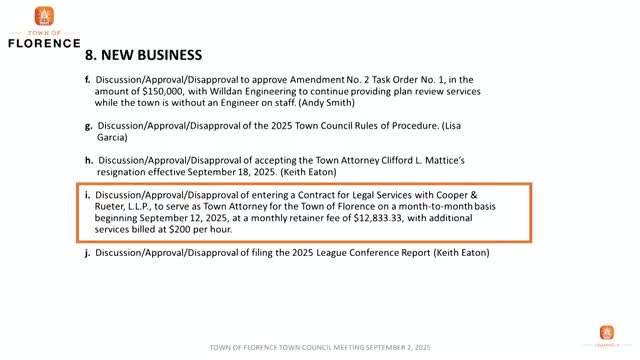 Florence accepts town attorney's resignation; hires Cooper & Reeder LLP on month-to-month retainer