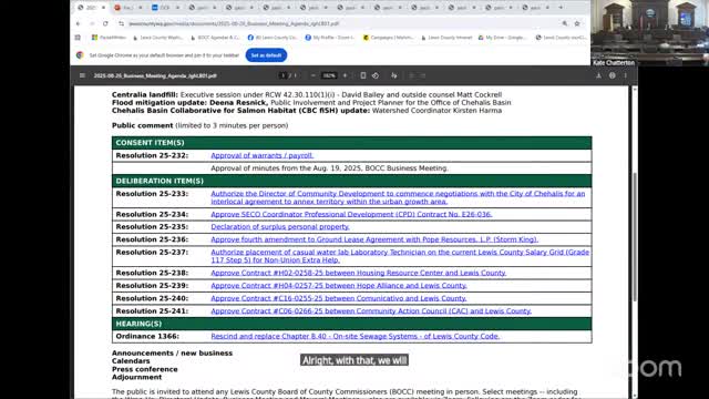 Lewis County commissioners approve consent resolutions, homeless gap funding and update on on‑site sewage code