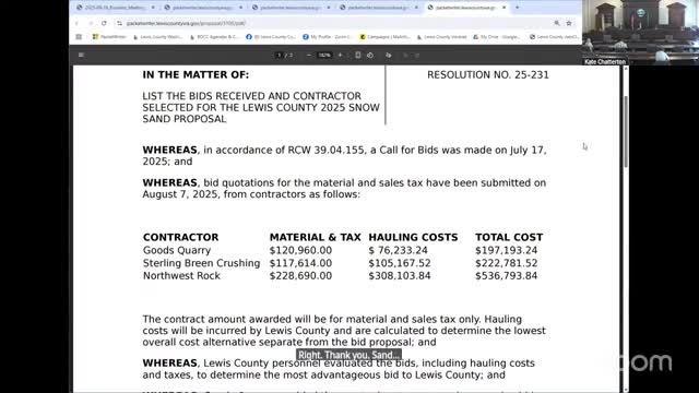 County awards $20,960 snow‑sand contract to Goods Crushing for winter road use