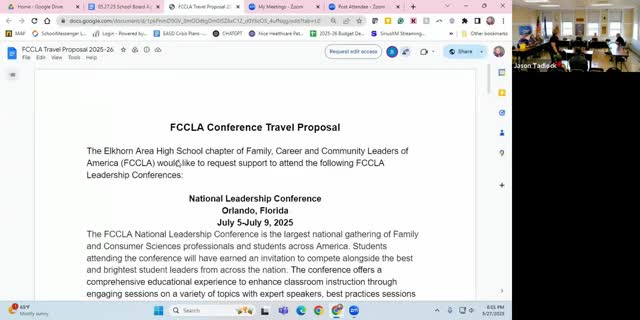 Board approves FCCLA overnight travel to national conference and Anaheim leadership institute
