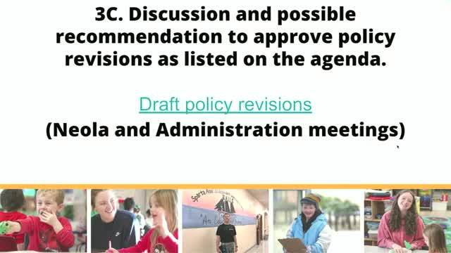 Board committee advances NEOLA policy updates, including nutrition‑balance threshold and early‑graduation language