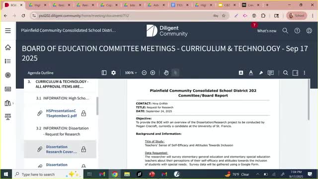 University candidate seeks permission to survey Plainfield 202 elementary teachers about inclusion practices
