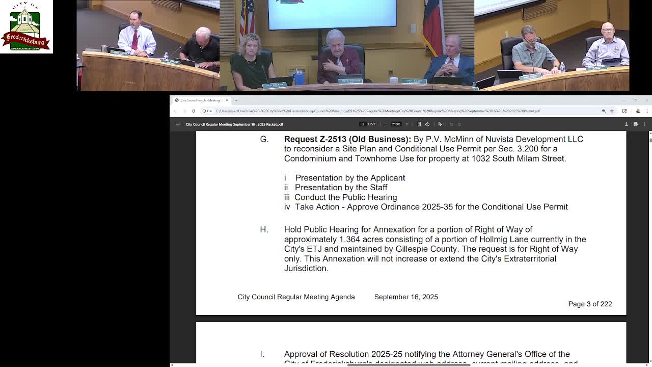 Public hearing opened on annexation of Holmig Lane right-of-way to support Sonoma Phase 2; no action taken