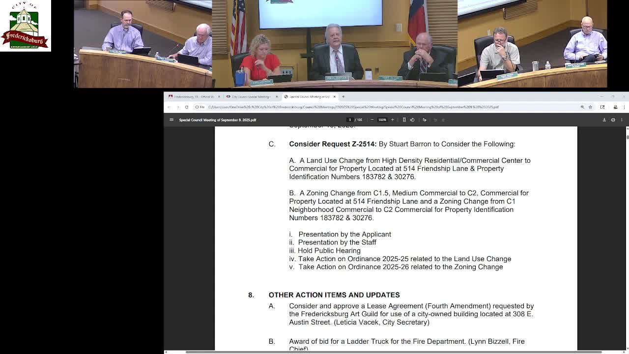 Council approves land‑use map amendment and rezoning for 514 Friendship Lane to C‑2 commercial