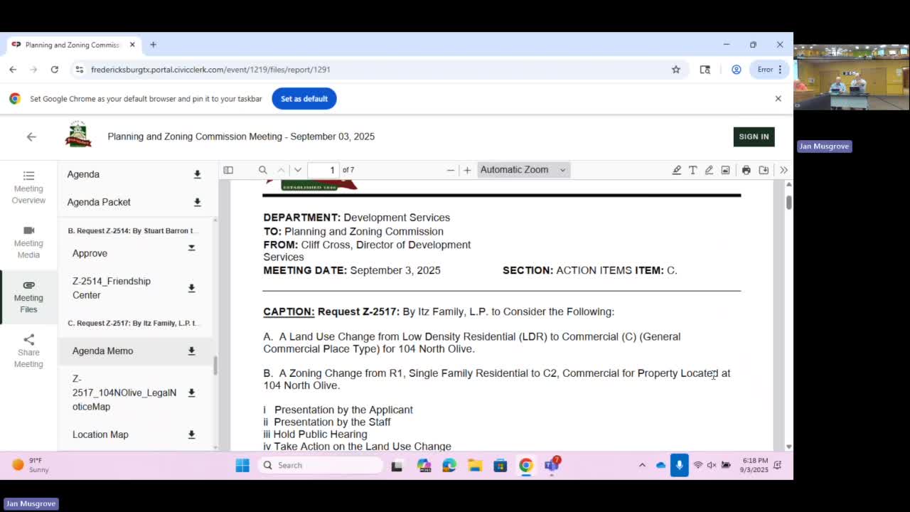 Commission backs neighborhood‑scale commercial (C1) for 104 North Olive; declines C2 upgrade