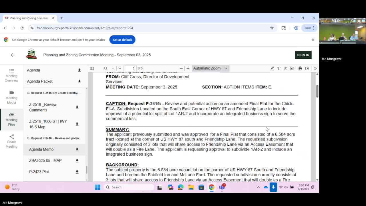 Commission approves amended plat and integrated multitenant sign plan for Chick‑fil‑A parcel