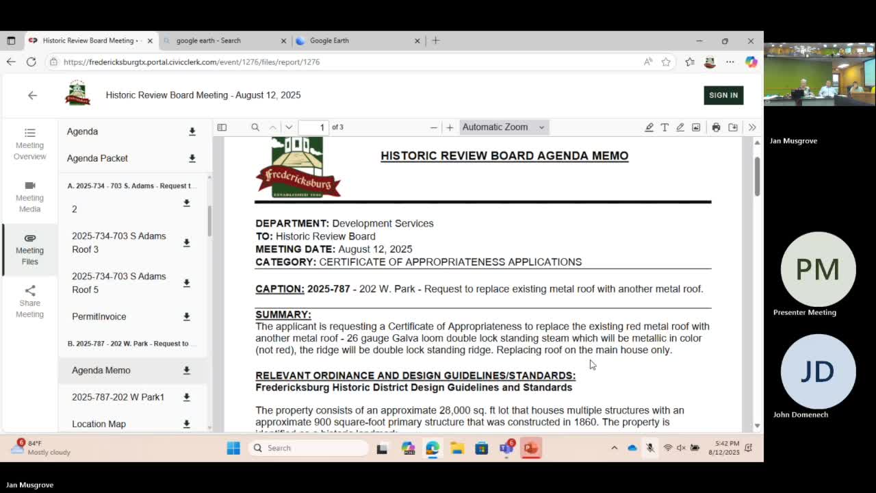 Board approves Galvalume standing‑seam roof at 202 West Park