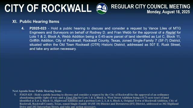Council approves replat in Old Town Rockwall to create two residential lots