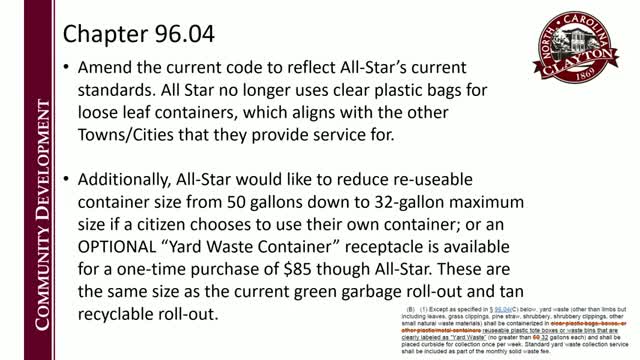 Council updates solid‑waste rules: weekly recycling, end to loose‑leaf plastic bags, smaller yard‑waste containers