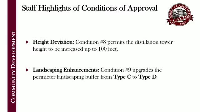 Council approves conditional rezoning for industrial site with taller distillation tower after technical review