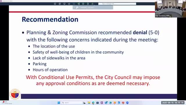 Council and planning commission deny amusement‑device arcade at 1101 Alma Street over child‑safety and parking concerns
