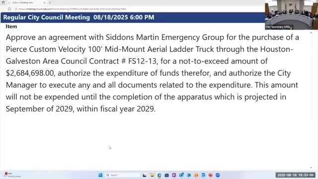 Council approves purchase contract for 100‑ft aerial ladder truck through HGAC contract
