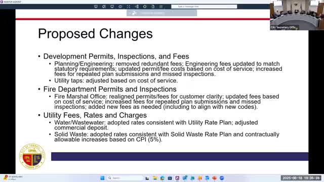 Council adopts FY2025–26 master fee schedule, adjusting permitting and utility fees