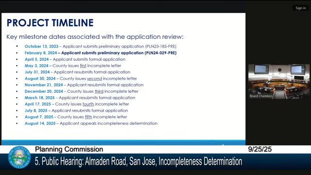 Planning Commission Reviews Almaden Road Housing Project Incomplete Application Appeal