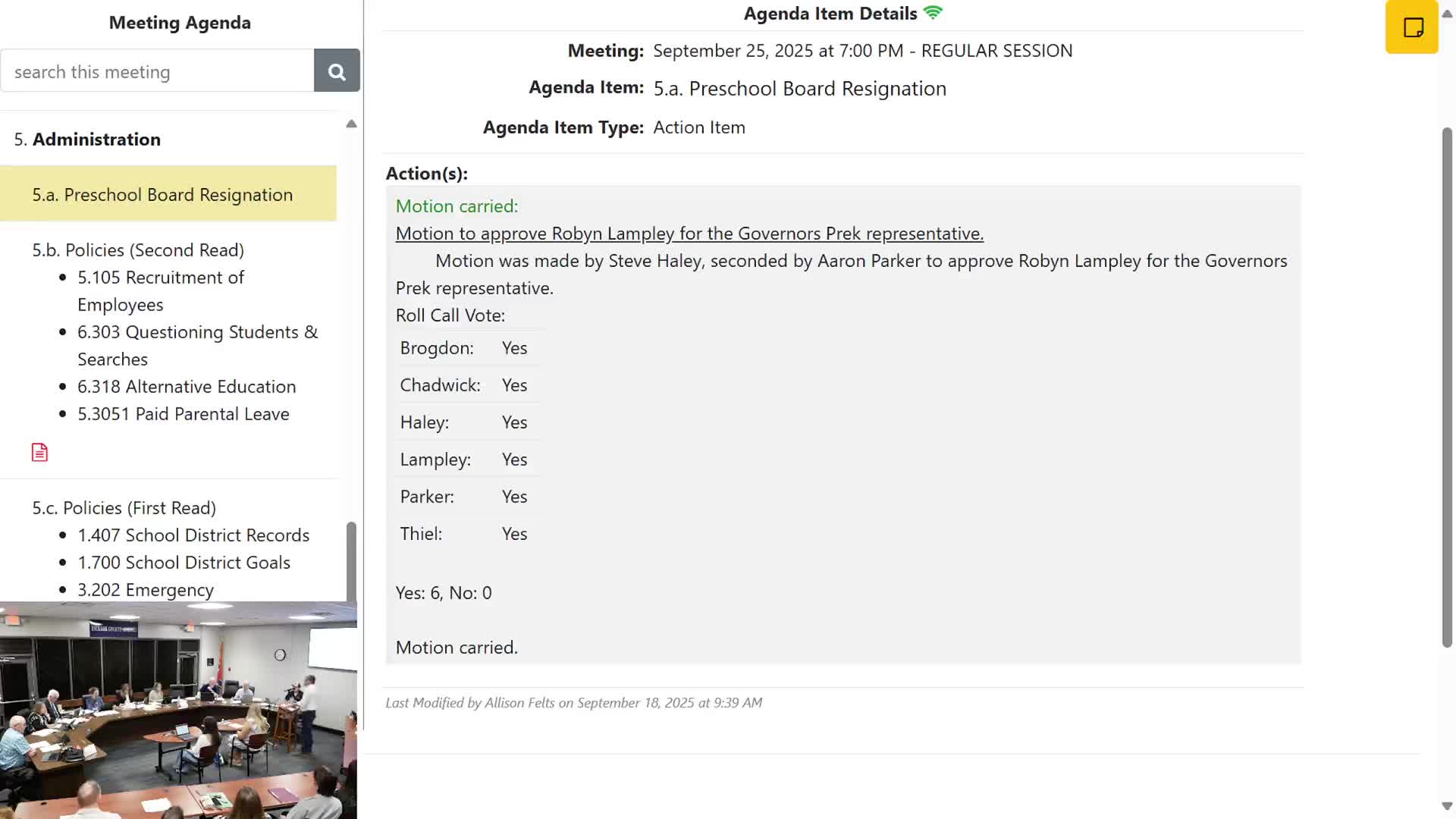 Board adopts policy updates tied to recent law changes, including open‑records and fire‑drill rules